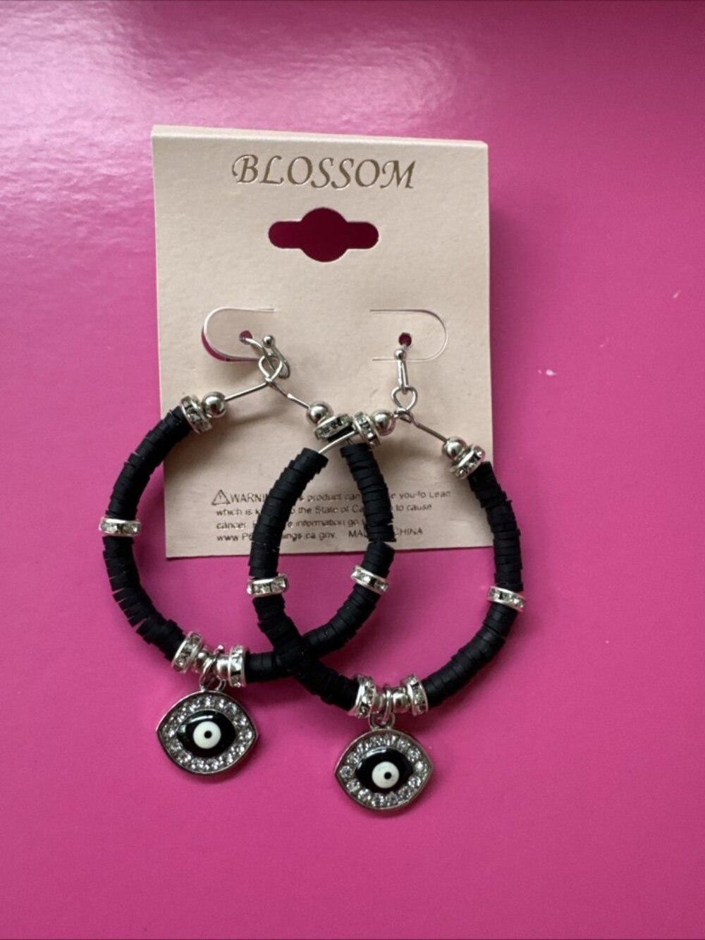 Blossom Black Silvertone Beaded Rhinestone Evil Eye Earrings Dangle Hoops NEW